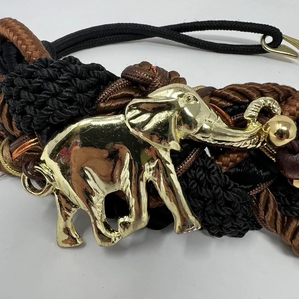 Vntg Boho Elephant Charm Belt Black Brown Braided Cord Gold Tone Hook Festival